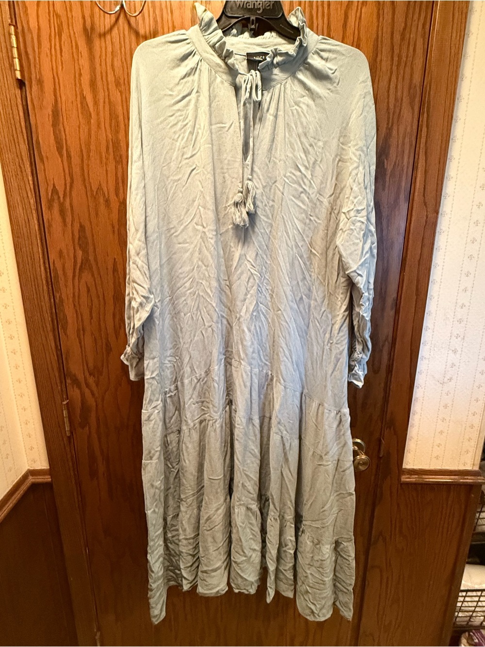 Light Blue Long Sleeve Ruffle Neck Maxi Dress